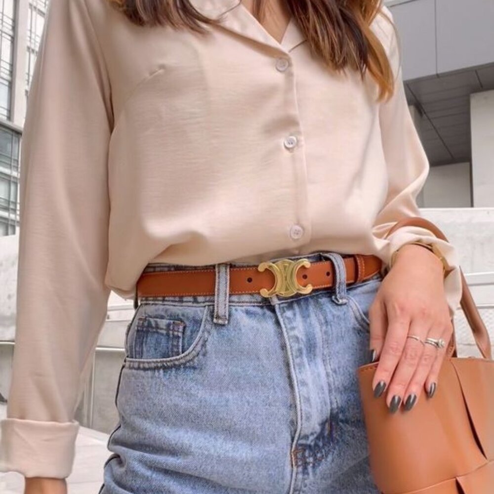 Celine Triomphe Brown Belt with Gold Buckle